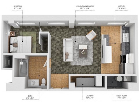 Floor plan for 1 bed, 1 bath, 621 sqft